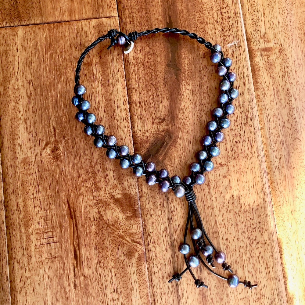 Black leather and pearl Necklace New Handmade!